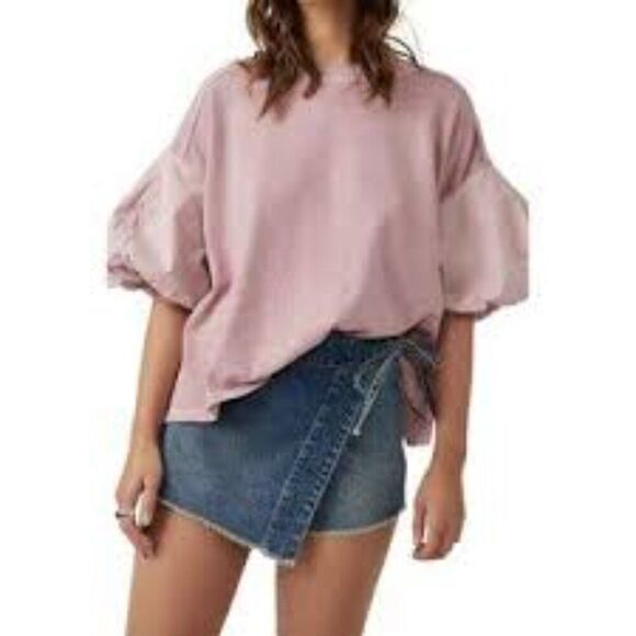 Free People Blossom Tee in Pink size X-Large Oversized Puff Sleeve Cotton Boho - Picture 1 of 5
